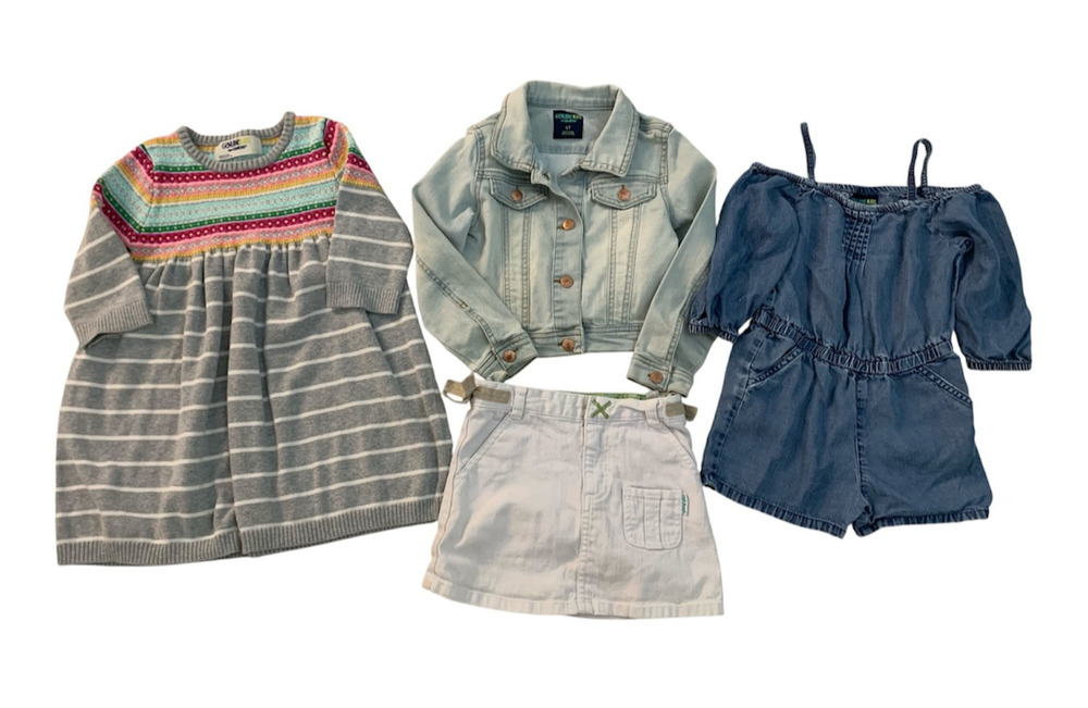 Bundle of 4 Genuine Kids OshKosh Girls size 5T Denim Jacket Dress Romper & Skirt